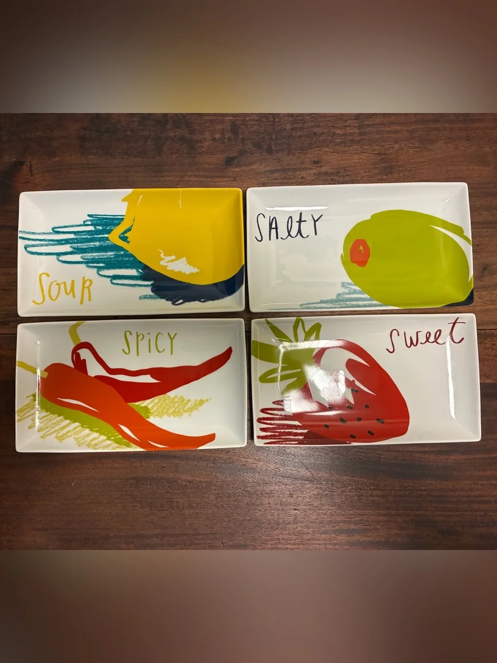 Crate & Barrel Crave Appetizer Plates Set of 4 Sweet, Sour, Salty & Spicy